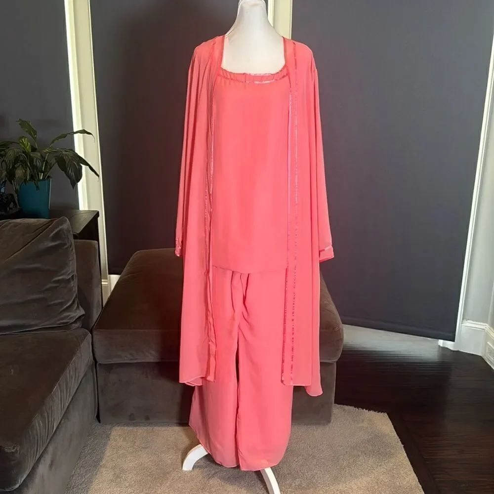 Women’s Chiffon 3 Piece Pants Suit Long Jacket Formal Party Wedding Size 16 NEW